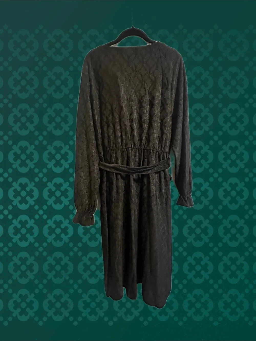 Polagram Black Textured Velvet Faux Wrap Long-Sleeve MIDI Dress w/ Self-Tie Belt